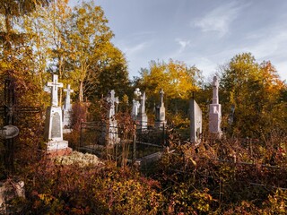 Fairy tale cemetery in golden tones. Graves and crosses among the trees. Old abandoned burial...
