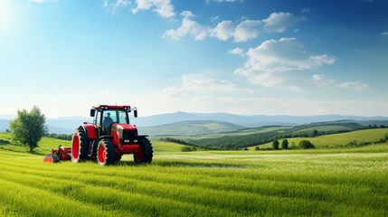 Fototapeta premium Tractor mowing green grass on hills on nature landscape