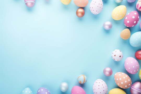 Easter frame. Colorful Easter egg on pastel blue background. Concept of Happy Easter