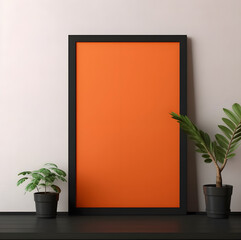 mock up poster frame in modern interior with orange background