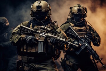 Fototapeta na wymiar Army soldiers in Protective Combat Uniform holding Special Operations Forces Combat Assault Rifle
