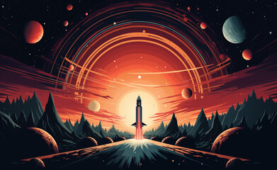 Retro poster featuring a space rocket flying through a mesmerizing black hole. Capture the vintage aesthetic with a cosmic backdrop, galactic nebula, and detailed rocketship.