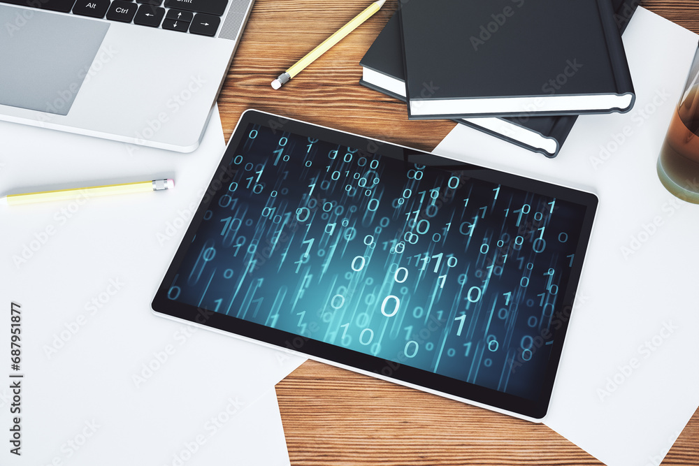 Aufkleber Creative concept of binary code illustration on modern digital tablet screen. Big data and coding concept. Top view. 3D Rendering