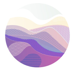Oriental Japanese style vector abstract illustration in a shape of circle, background in Asian traditional style, wavy shapes and mountains terrain, runny like sea lines.
