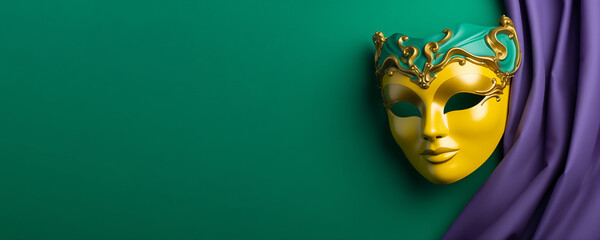 Mardi gras carnival concept - green, yellow and purple mask with decorations - obrazy, fototapety, plakaty