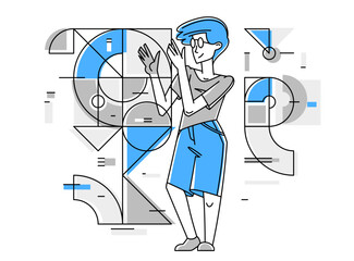 Creative worker doing some job and creating some system, inspired inventive designer or engineer composing abstract elements, vector outline illustration.