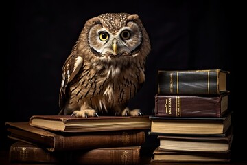 Owl standing beside old book of wisdom with knowledge concept.