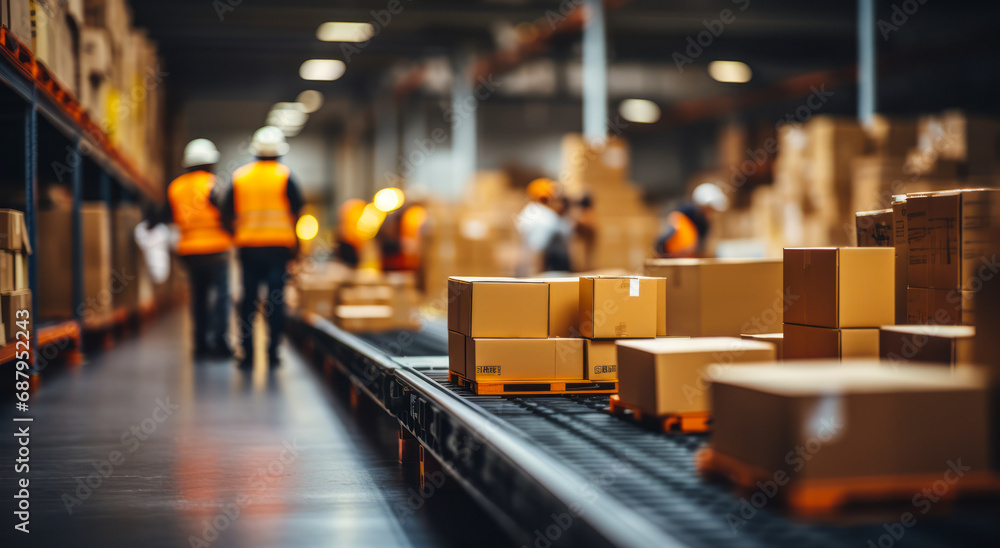 Poster focused view of cardboard boxes on shelves in warehouse with workers in reflective vests operating i