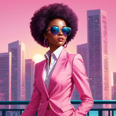 Naklejka premium portrait of an afro woman in 80s style wearing a pink suit, with the background of 80s Miami city, synthwave style, 80s, vibrant color, miami wallpaper