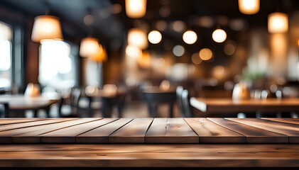 Empty wooden table on abstract restaurant background for product presentation - space for a montage showing the product