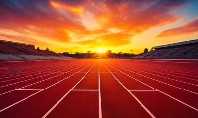 Fotobehang Empty Running Track in Stadium with Vibrant Sunset Sky, Inviting Atmosphere for Sports and Athletics © Bartek