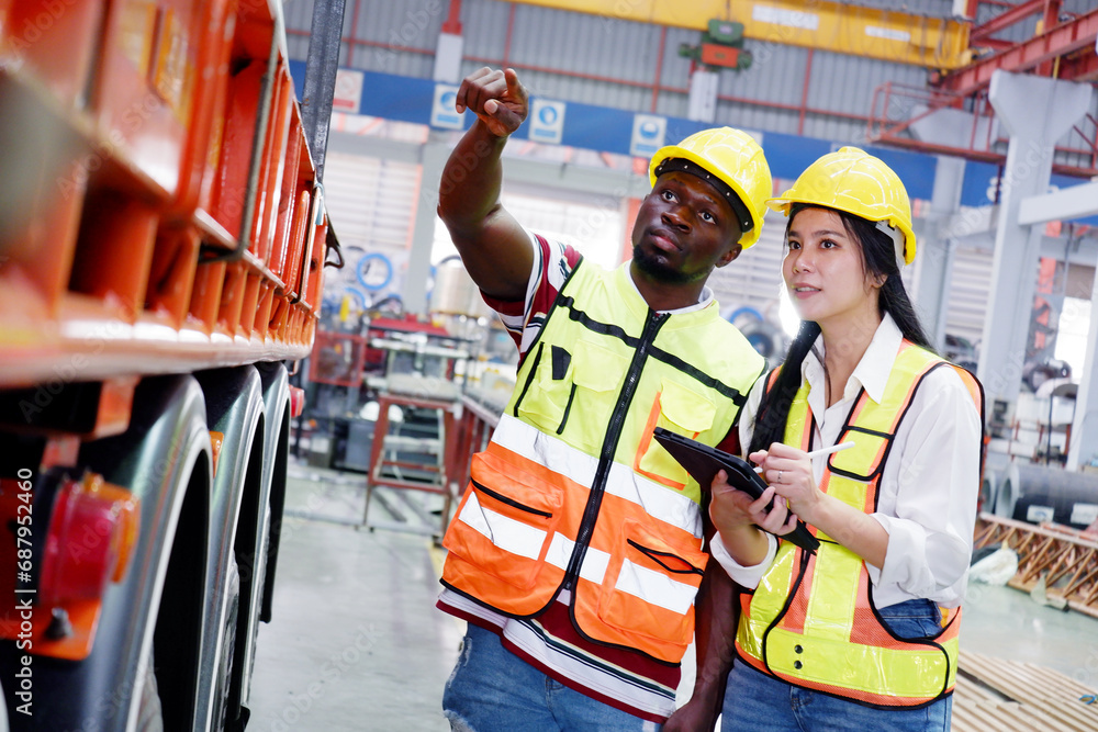 Wall mural engineers and employees inspect industrial production processes.