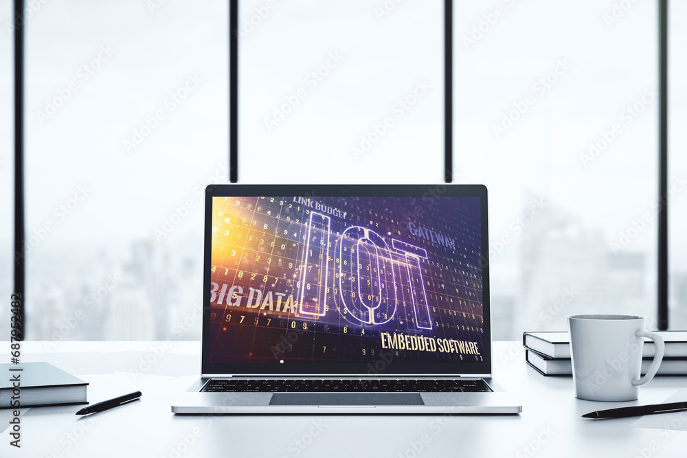 Fototapete modern computer monitor with creative iot hologram, research and development concept. 3d rendering