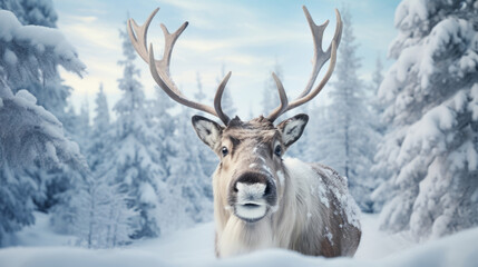 Reindeer in winter landscape with snow looking into camera