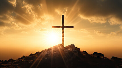 Resurrection Concept. Jesus Christ Crucifixion Cross at Sunset