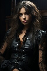 Fashion model in a leather and lace fashion story, combining edginess with elegance, Generative AI