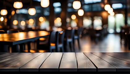 Empty wooden table on abstract restaurant background for product presentation - space for a montage showing the product - obrazy, fototapety, plakaty