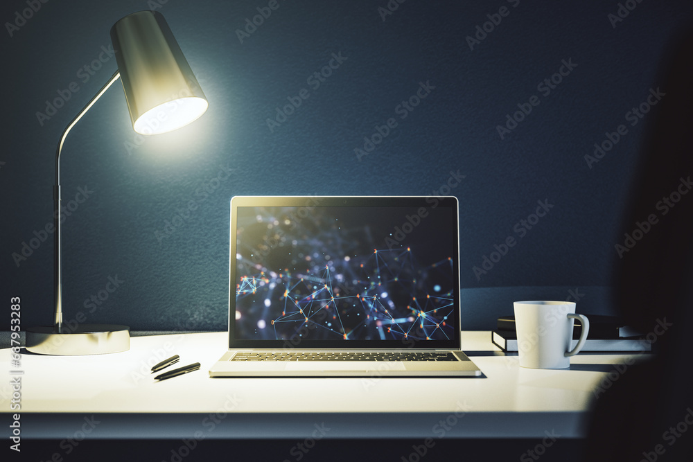 Poster Creative abstract technology sketch on modern laptop monitor, future technology and AI concept. 3D Rendering