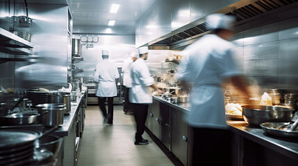 Restaurant Kitchen Action. Chefs at Work Creating Culinary Delights - obrazy, fototapety, plakaty