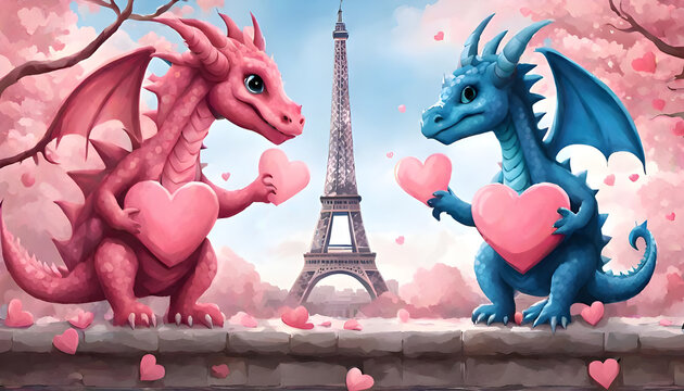pink and blue dragons celebrating Valentine's day in Paris near Eifel tower illustration