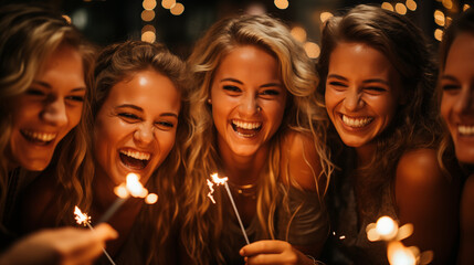 Group of young women having fun with sparklers in the night club