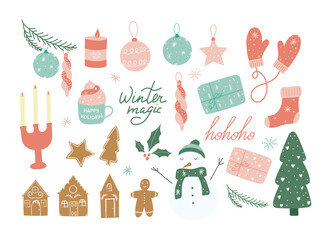 Decorative Christmas elements vector set, hand drawn Christmas collection