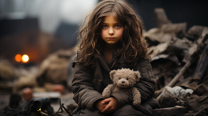 Sad little girl with teddy bear sitting on a pile of garbage