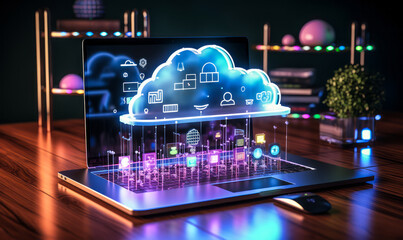 Neon Glowing Cloud Computing Concept with Cloud Icon and Technology Symbols on Dark Background, Representation of Online Data Storage and Cybersecurity - obrazy, fototapety, plakaty