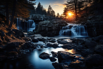 Illuminated Waterfall in Twilight Ambience