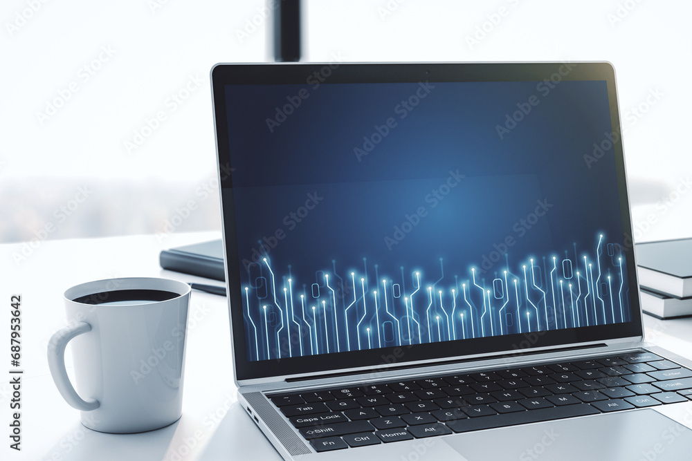 Aufkleber Creative abstract micro chip hologram on modern computer monitor, artificial intelligence and machine learning concept. 3D Rendering