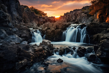 Fototapeta premium Illuminated Waterfall in Twilight Ambience