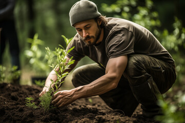 a man is planting trees in the forest