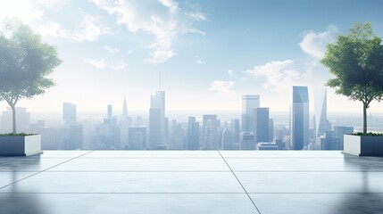 an empty square floor against a city skyline with a background of buildings, the composition reflects a minimalist and modern style.