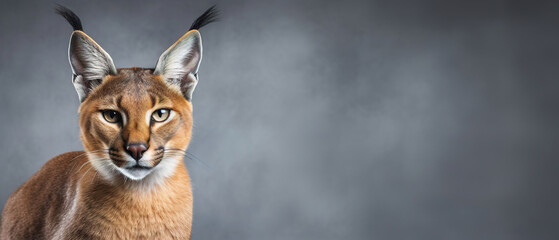 Front view of caracal on gray background. Wild animals banner with copy space