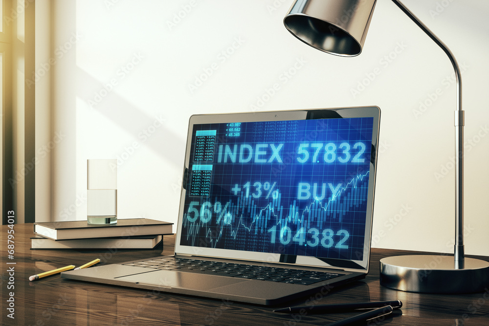 Poster modern computer screen with abstract creative financial chart, research and analytics concept. 3d re