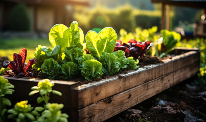 Lush vegetable garden in raised wooden bed with vibrant green lettuce and red chard basking in the golden sunlight, symbolizing organic growth and sustainable gardening - obrazy, fototapety, plakaty