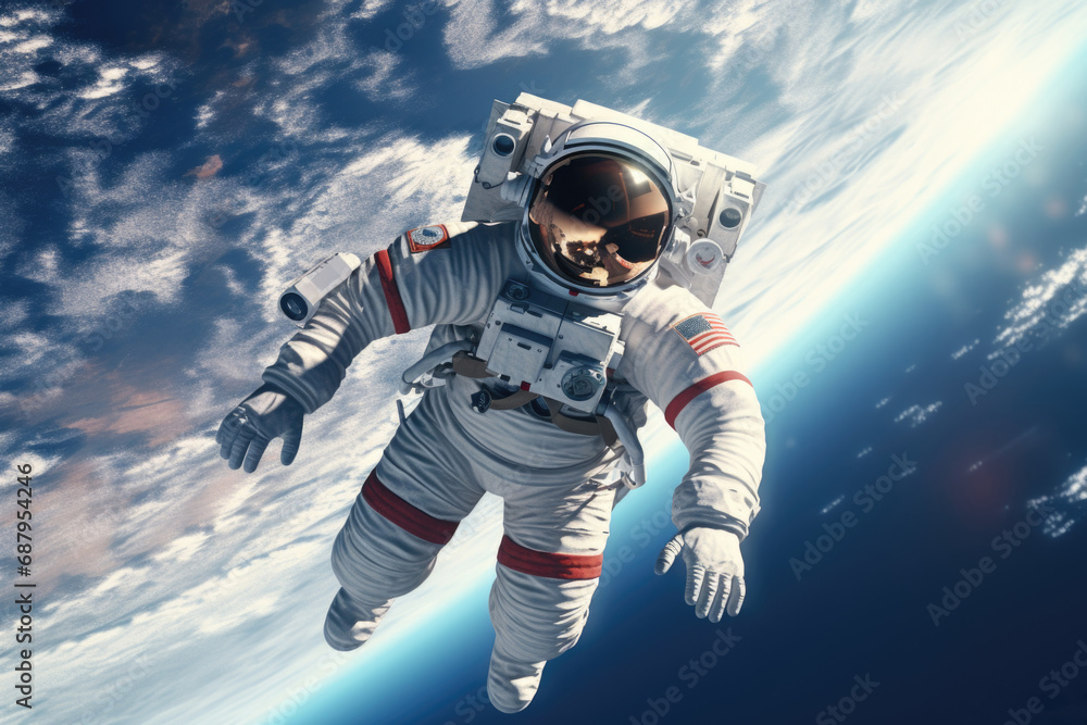 Poster astronaut floating in the air above the earth. perfect for space exploration concepts or futuristic 