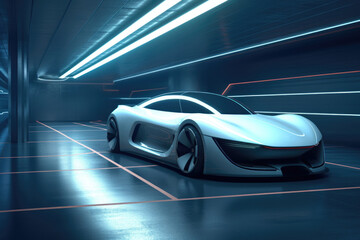 A sleek and modern sports car is showcased in a dark room, highlighting its futuristic design. This image can be used to depict innovation, technology, luxury, or the concept of speed and power