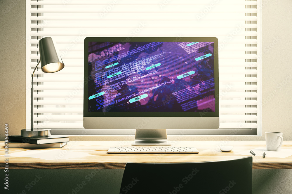 Fototapete modern computer monitor with abstract programming language with world map, research and development 