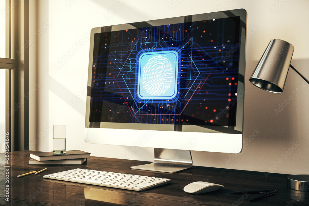 Poster abstract creative fingerprint concept on modern laptop screen. 3d rendering