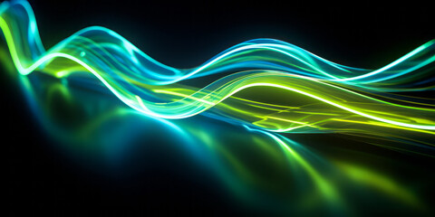 Dynamic neon light streams with a futuristic glow, intersecting in a display of vibrant blue and green energy lines against a dark background - obrazy, fototapety, plakaty
