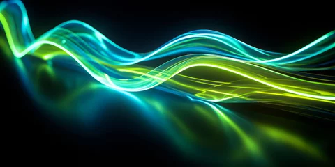 Poster Dynamic neon light streams with a futuristic glow, intersecting in a display of vibrant blue and green energy lines against a dark background © Bartek