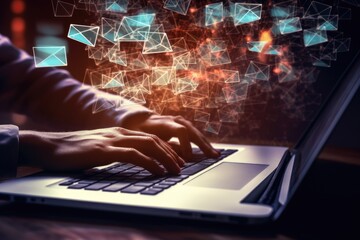 A person is seen typing on a laptop, with an overwhelming amount of emails pouring out of the screen. This image can be used to depict a busy workday or a high volume of digital communication