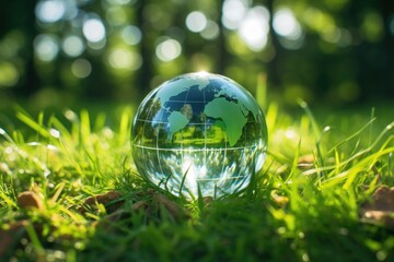 A glass globe sitting on top of a lush green field. Can be used to represent environmental conservation or global concepts