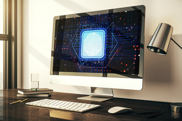 Abstract creative fingerprint concept on modern laptop screen. 3D Rendering