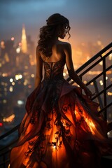 Model in a dramatic evening gown, set against a backdrop of city lights, Generative AI