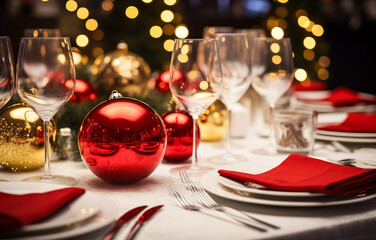 Fototapeta na wymiar Elegant christmas dinner table setting with red napkins and baubles