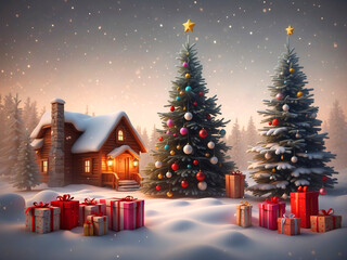 Obraz premium Christmas and New Year background. Xmas pine fir lush tree. golden gifts box. Glass Balls hanging on ribbon. Bright Winter holiday composition. Greeting card, banner, poster, Place for text, 3d style