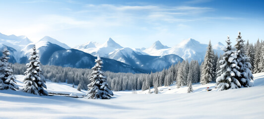 Fototapeta na wymiar Pristine snow-covered landscape with majestic mountain backdrop