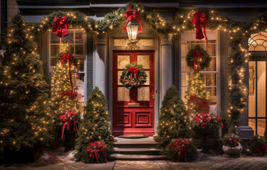 Festive doorway decorated with christmas wreath and twinkling lights